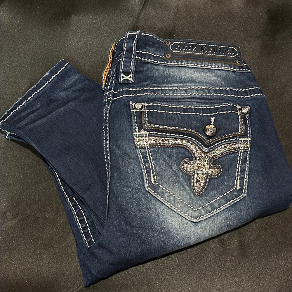 Rock Revival Dark Blue Skinny Jeans with Silver Accents